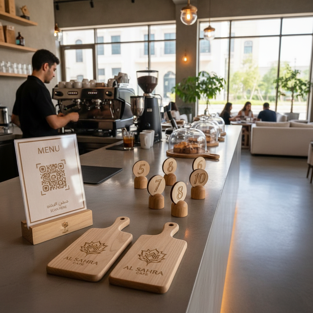 Café counter with branded engraved pieces