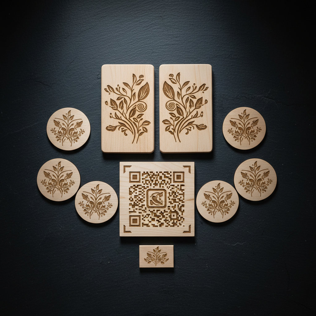 Overhead flat lay of engraved wooden pieces