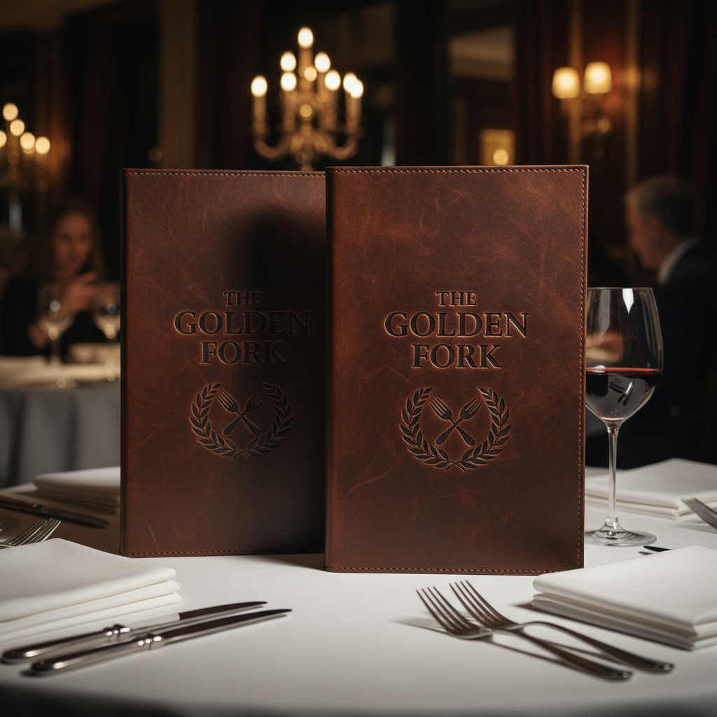 Premium leather menu covers with engraved branding