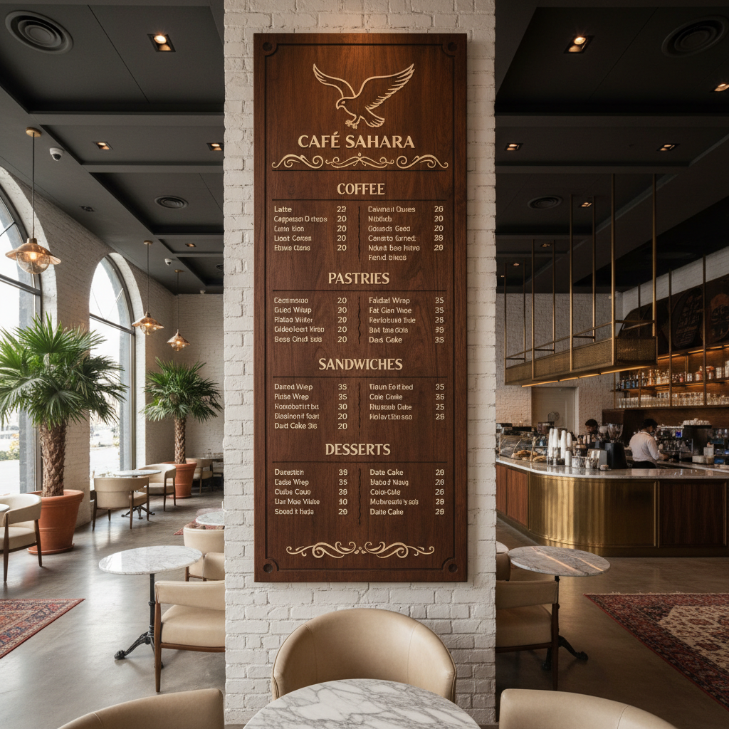 Engraved menu board for restaurant or café