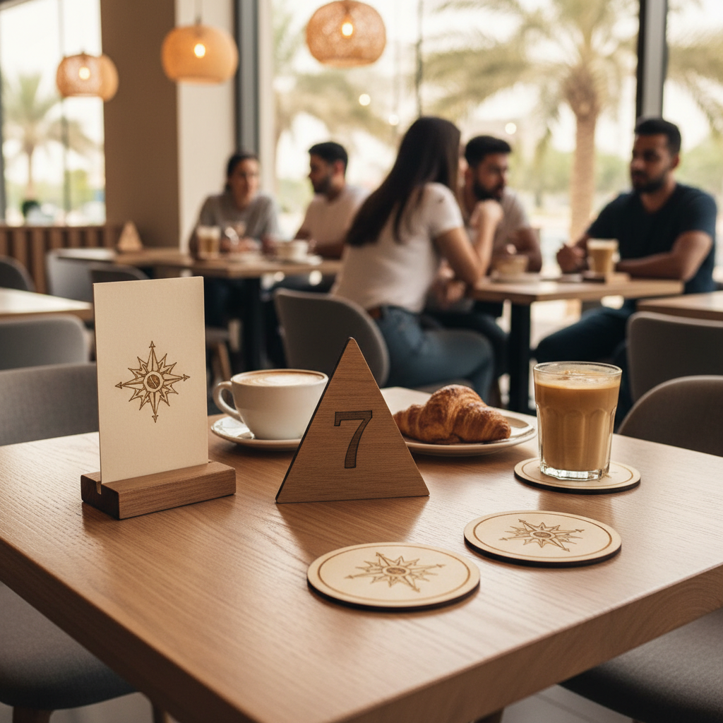Restaurant table setup with engraved pieces