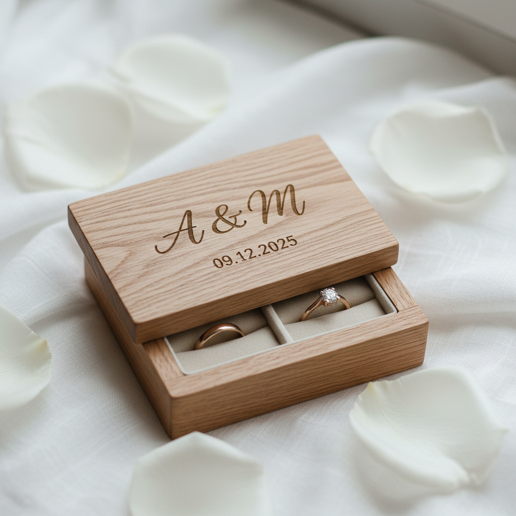 Engraved wooden ring box with initials