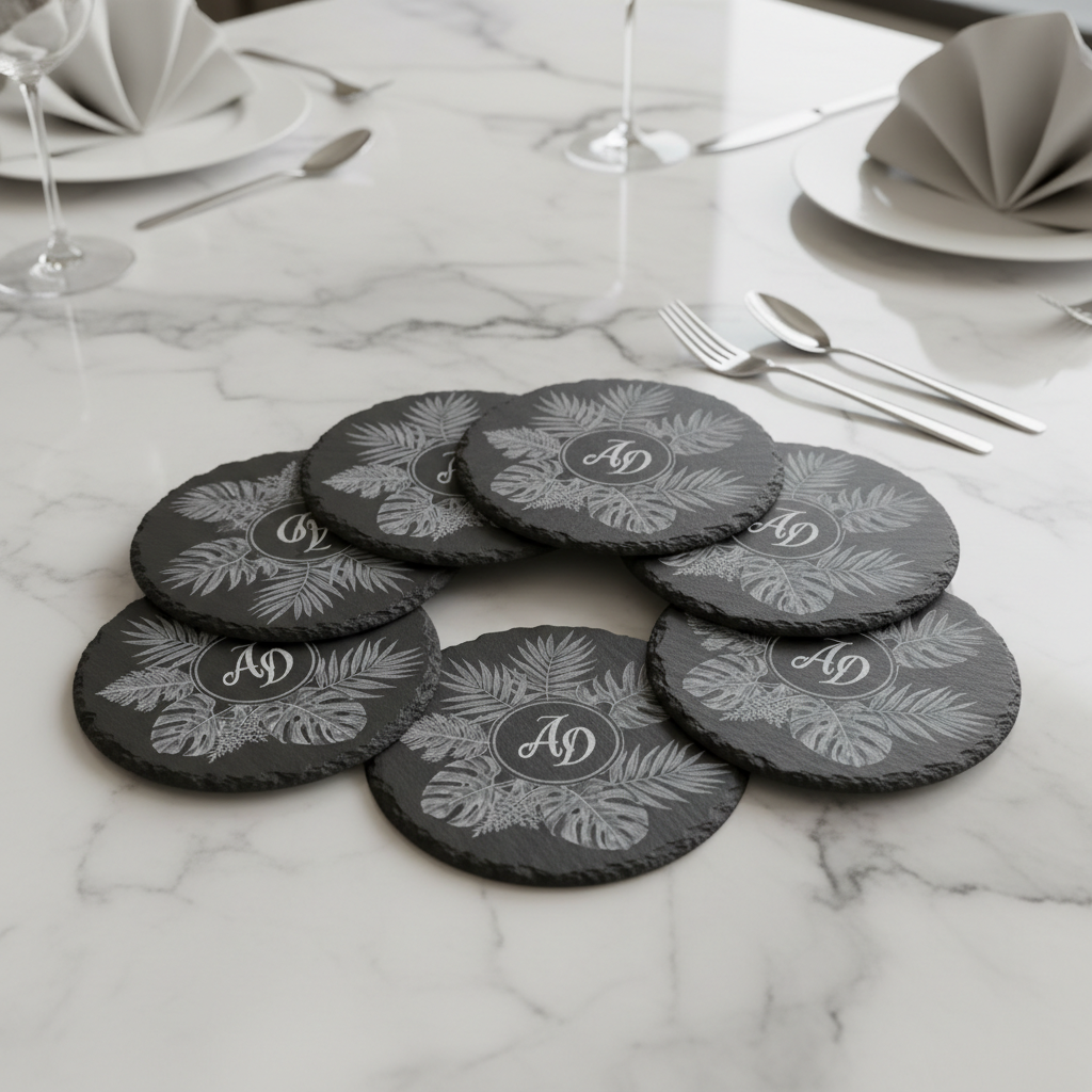 Set of laser-engraved slate coasters with botanical monogram
