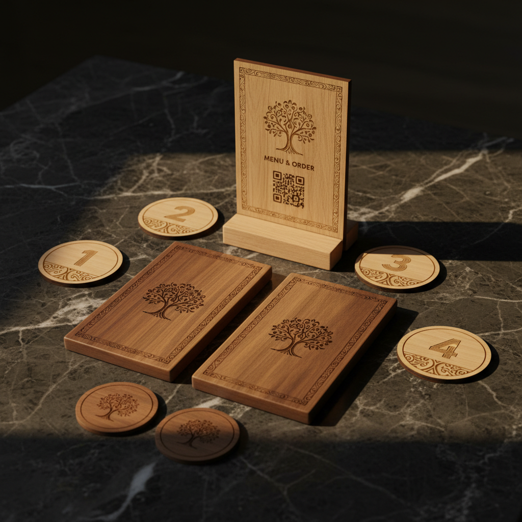 Coordinated venue engraving set on marble surface