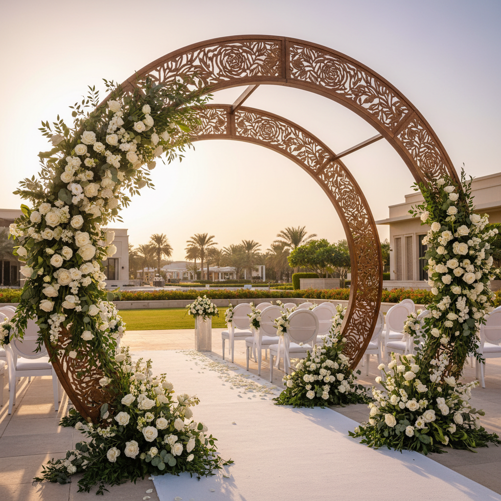 Laser engraved wedding arch signage