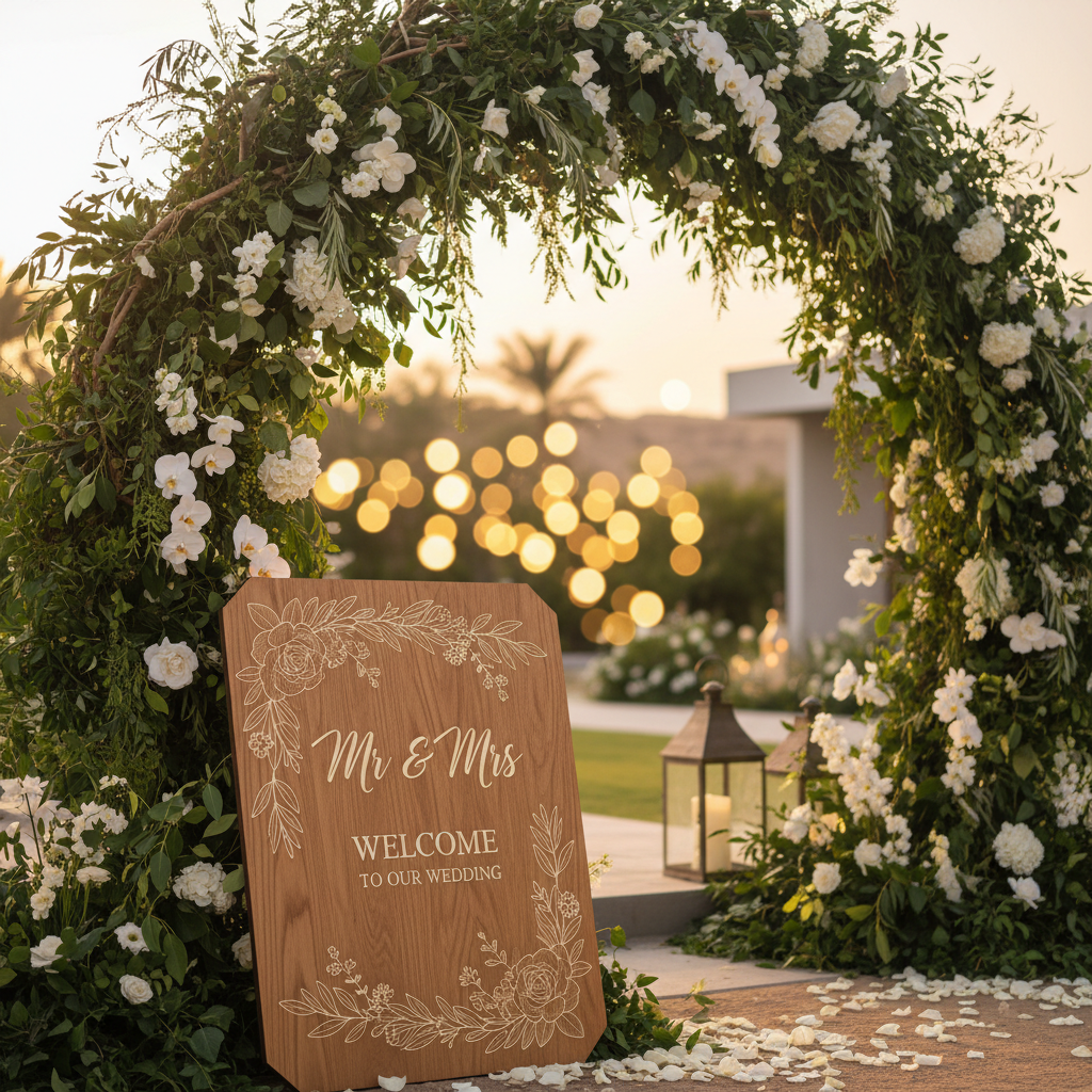 Outdoor wedding welcome sign, laser engraved